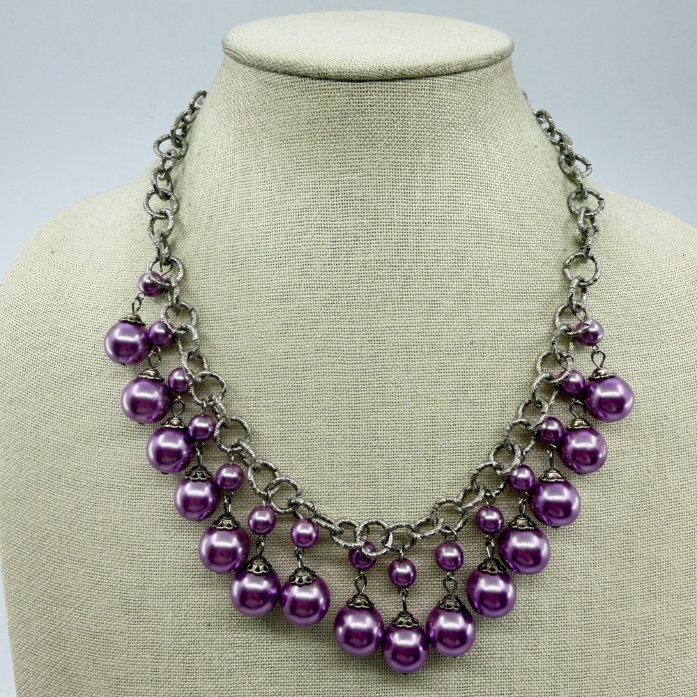 Purple Faux Pearl Dangle Bib Necklace Silver Tone Chunky Statement Jewelry Gift